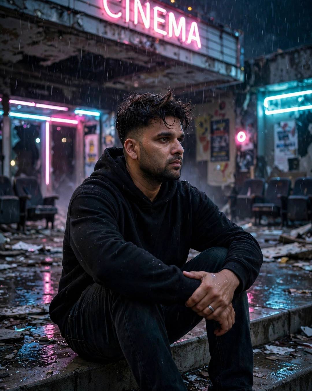 Young Indian man in black hoodie sitting outside an abandoned cinema hall with neon signs in the rain