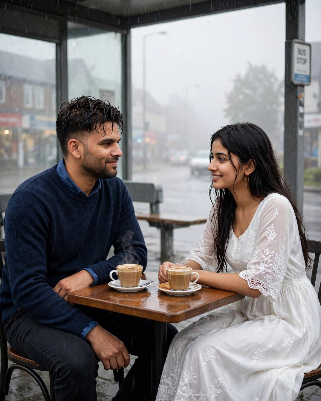AI couple portrait of a man in a navy sweater and a woman in a white dress seated at a small table with coffee cups at a rainy bus stop