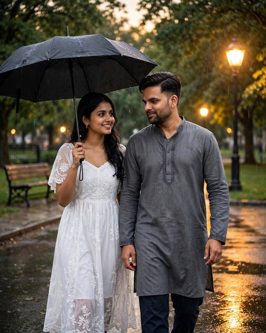 AI couple portrait of a man in a grey kurta and a woman in a white dress walking under one umbrella in a park at golden hour