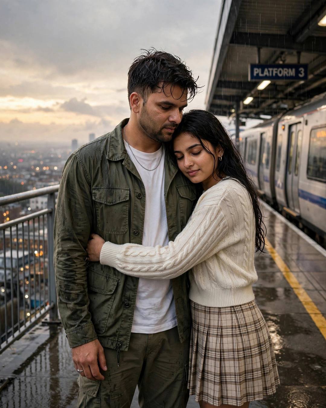 AI couple portrait of a man in an olive field jacket and a woman in a cream sweater embracing on a rainy railway platform