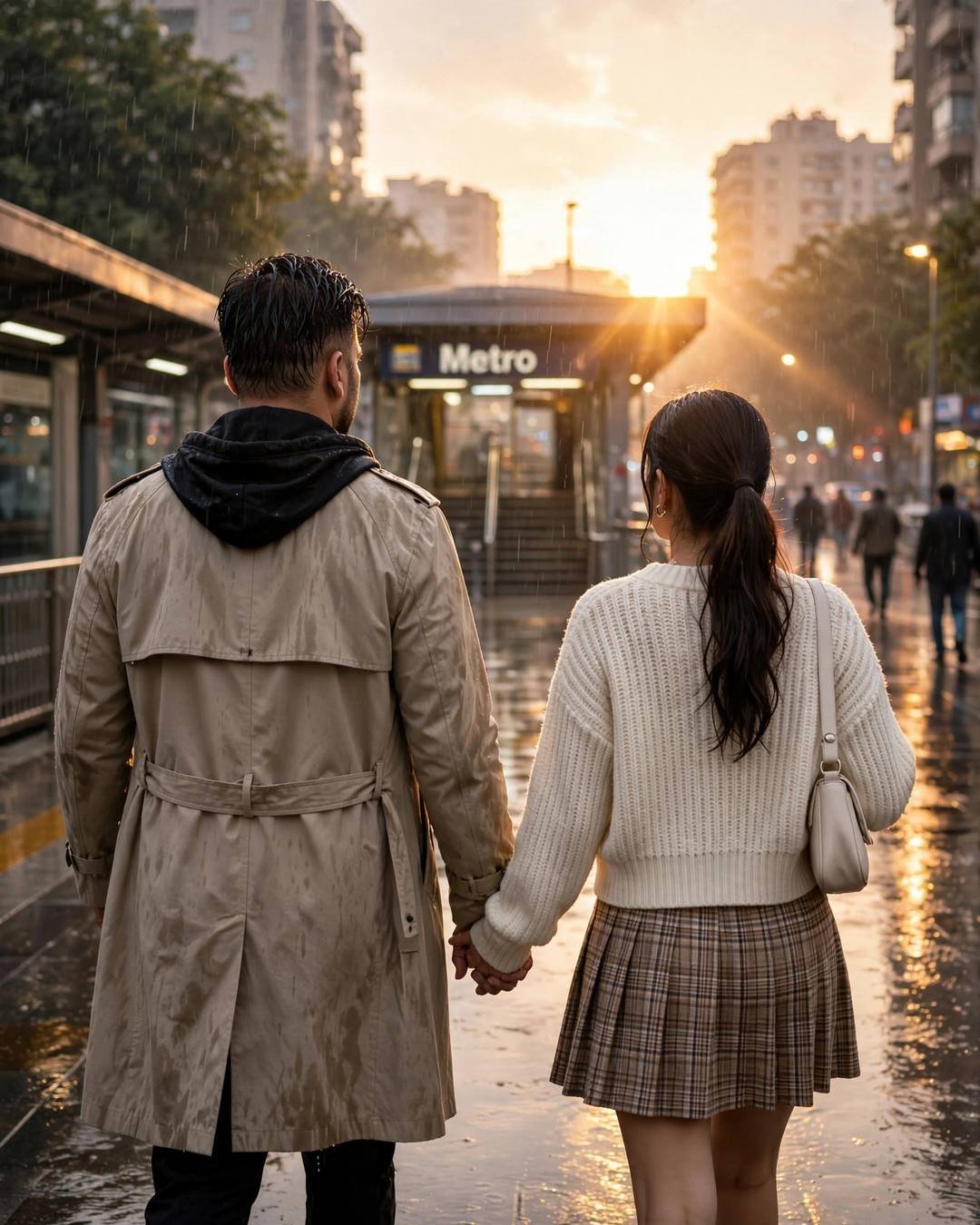 AI couple portrait from behind of a man in a trench coat and a woman in a cream sweater walking hand in hand toward a metro at golden hour