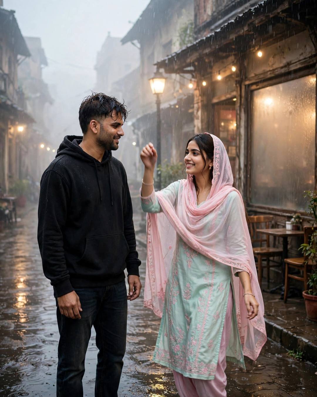 AI couple portrait of a man in a black hoodie and a woman in a pastel salwar-kameez dancing in the rain outside an old cafe