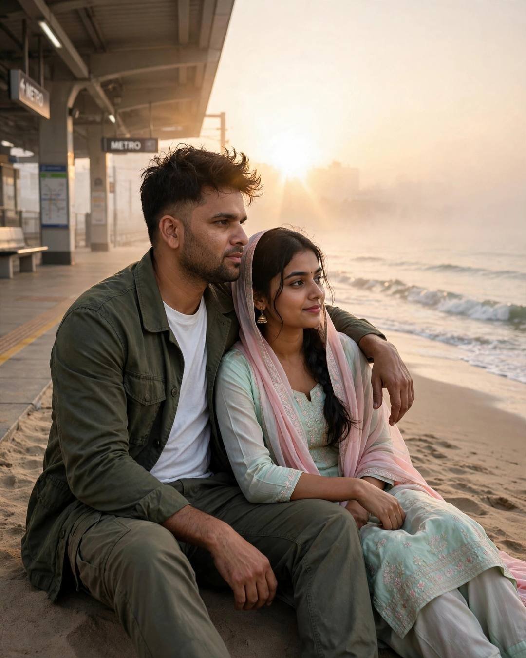 Young Indian couple sitting on the sand watching the waves, his arm around her at the midnight metro station, dense fog