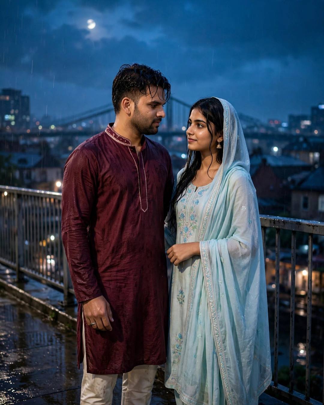 Young Indian couple standing on a bridge, looking at each other while the city blurs at the rooftop overlooking sleeping city lights, post-rain wet streets