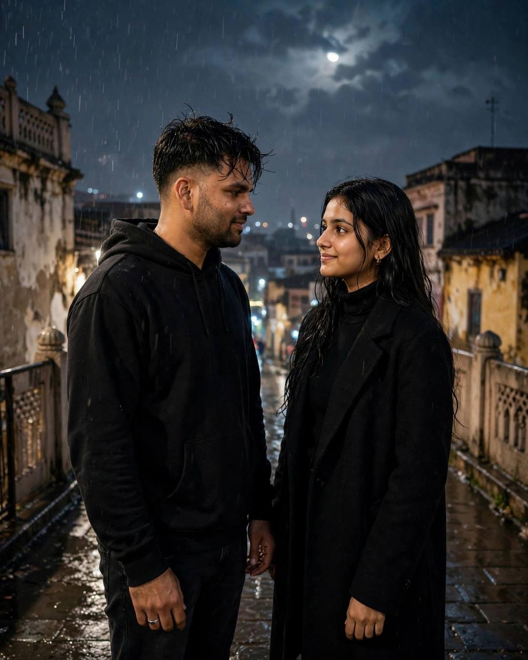 Young Indian couple standing on a bridge, looking at each other while the city blurs at the narrow old-city lane with peeling walls, drizzle