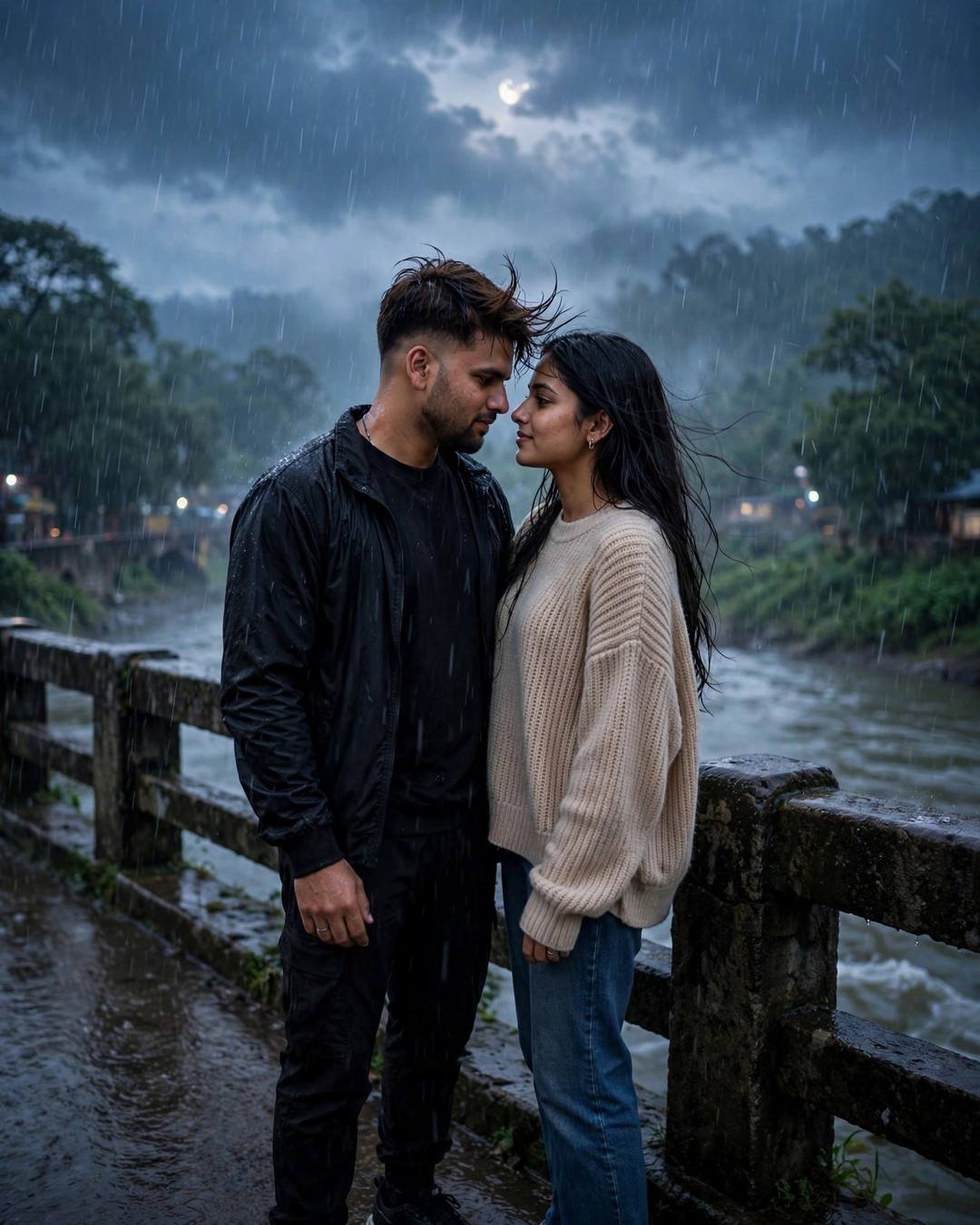 Young Indian couple standing face to face, foreheads almost touching at the bridge over a slow river, heavy monsoon rain