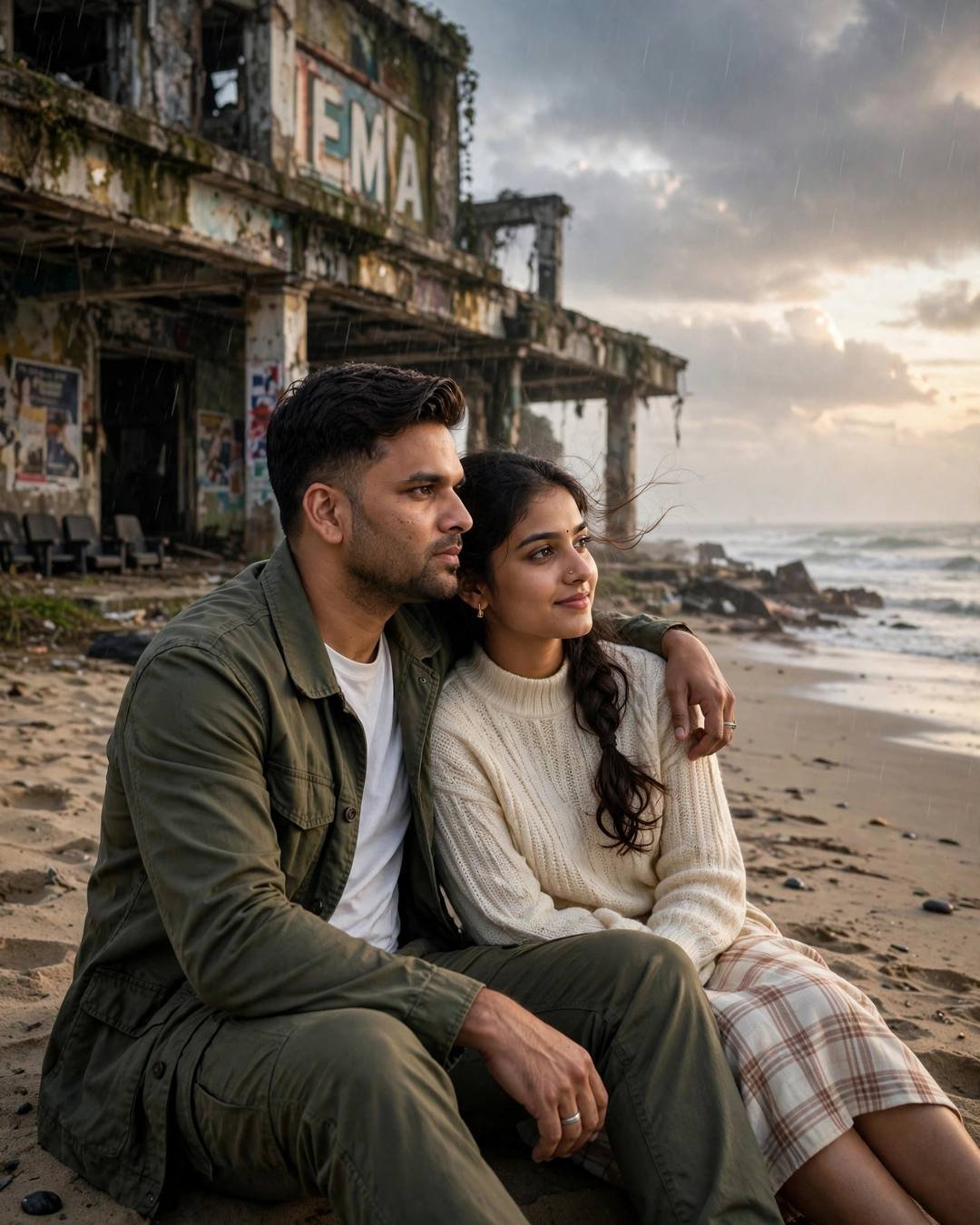 AI couple photo: man in olive field jacket with arm around woman in cream knit sweater sitting on sand beside a ruined seaside cinema