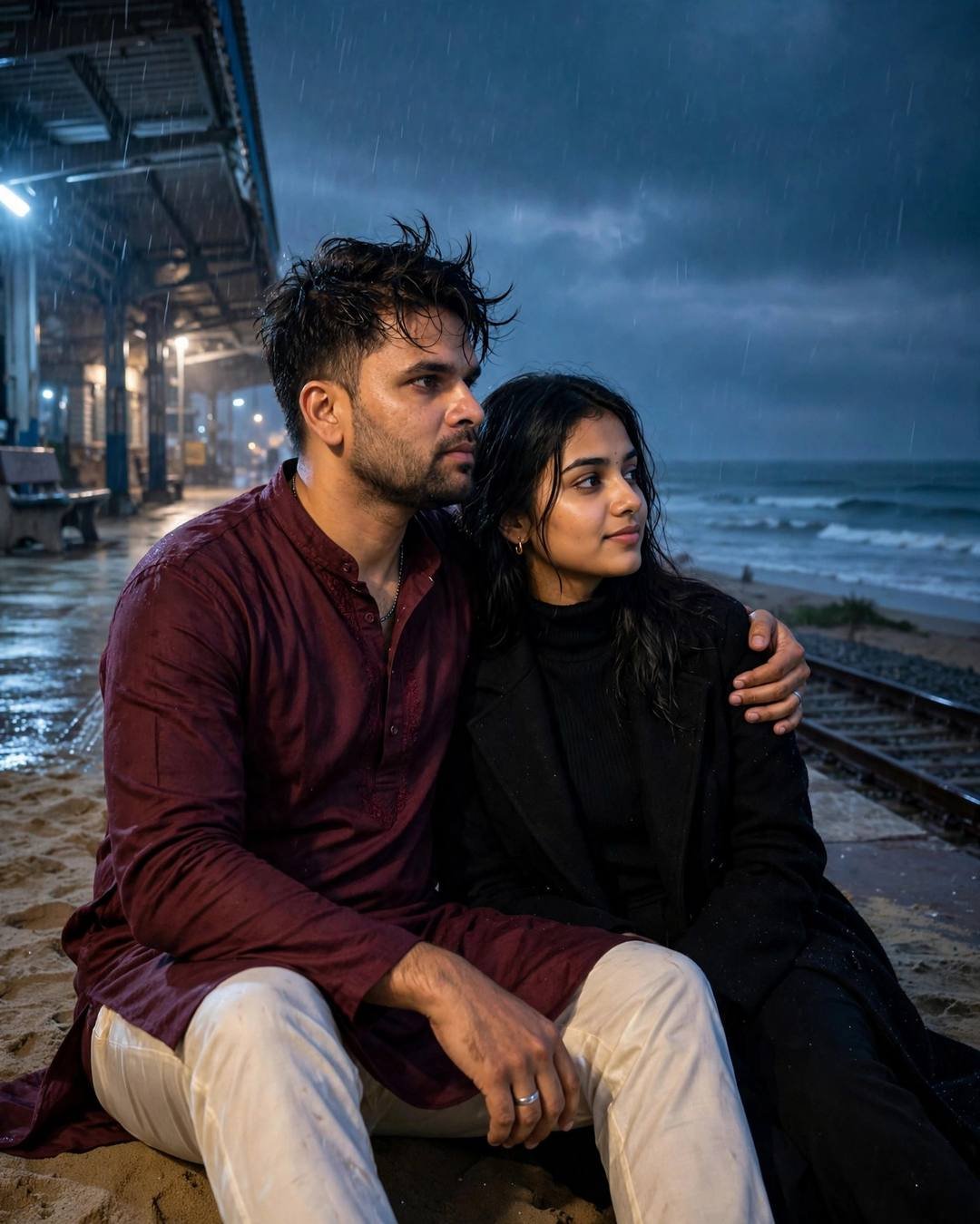 AI couple photo: man in maroon kurta with arm around woman in black turtleneck sitting by the sea in blue-hour drizzle