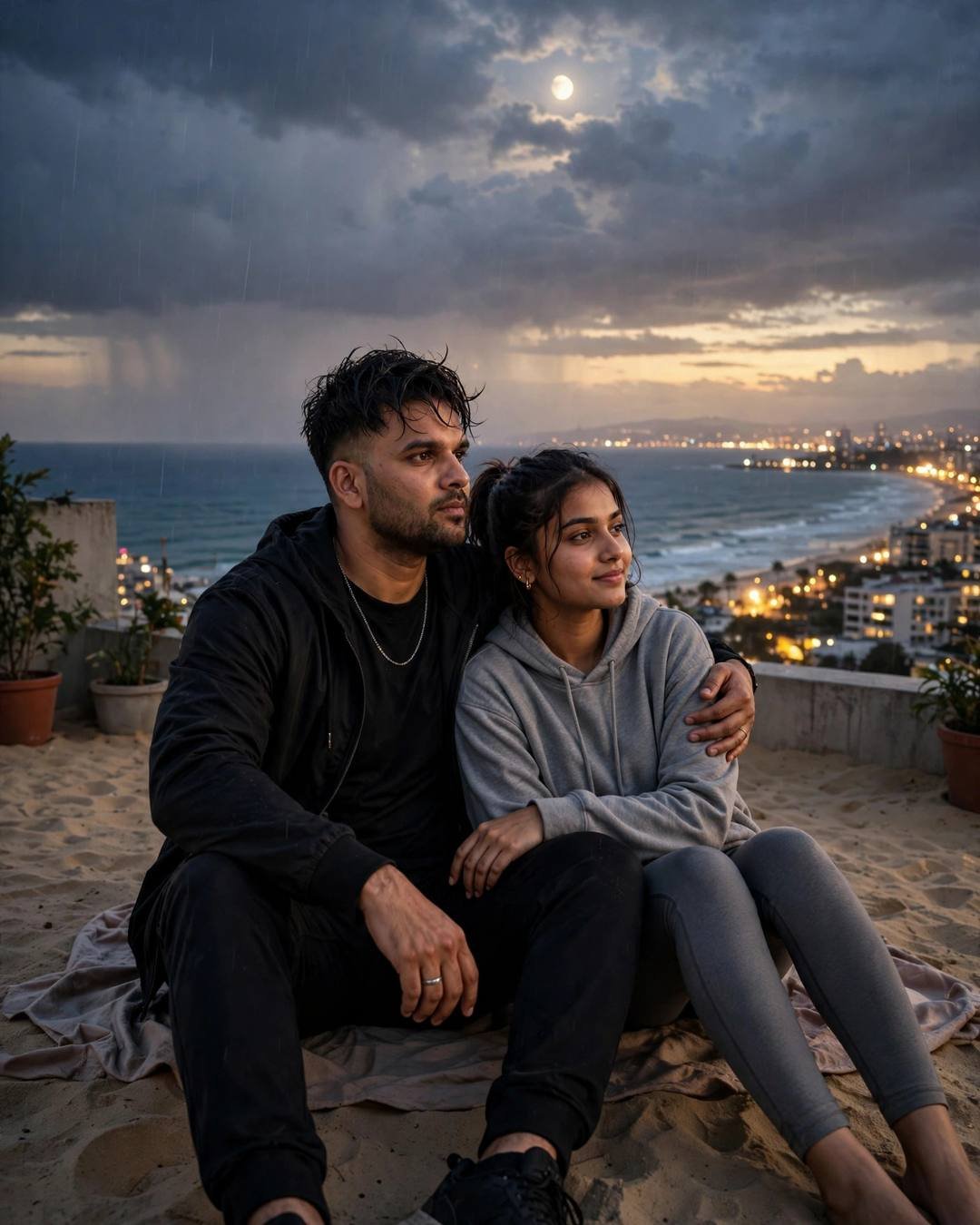 AI couple photo: man in black streetwear with arm around woman in grey hoodie sitting on a rooftop above a moonlit city in drizzle