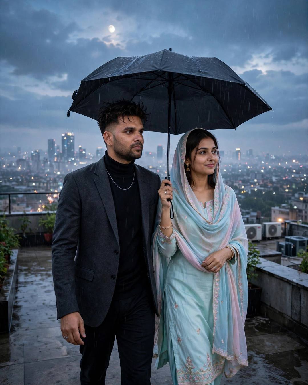 AI couple photo: man in charcoal blazer and woman in pastel salwar-kameez walking under one umbrella on a rooftop at dawn