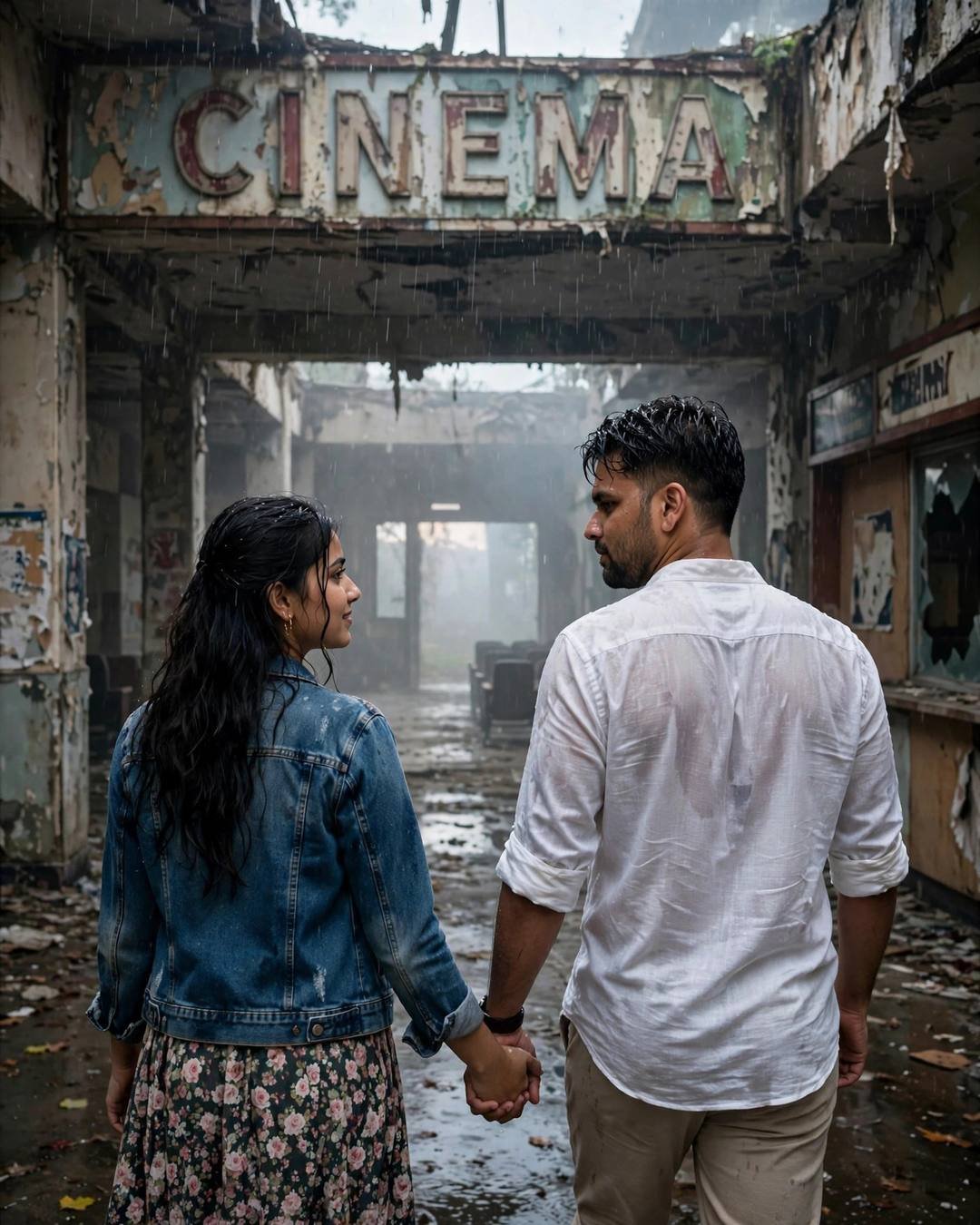 AI couple photo: man in white linen shirt and woman in denim jacket over floral dress walking hand in hand inside a ruined cinema