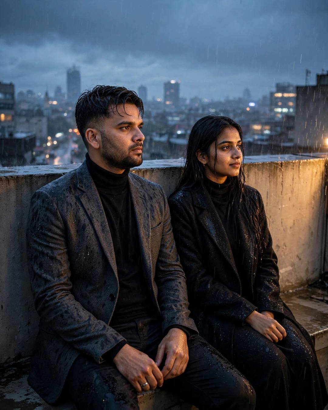 Couple: stringing glowing paper lanterns together carefully for, Rooftop AI portrait