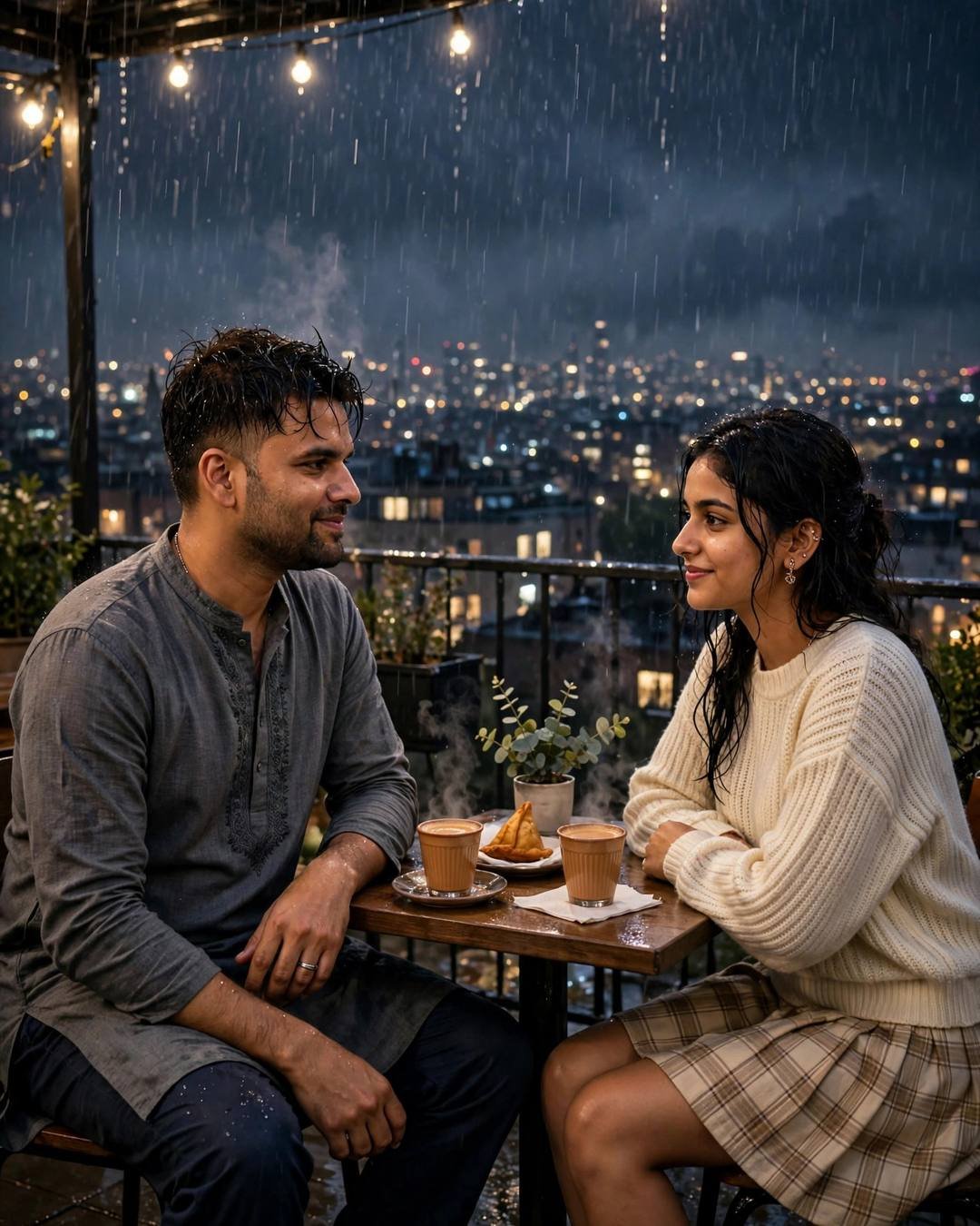 Couple: tracing the scattered city lights below like, Rooftop AI portrait
