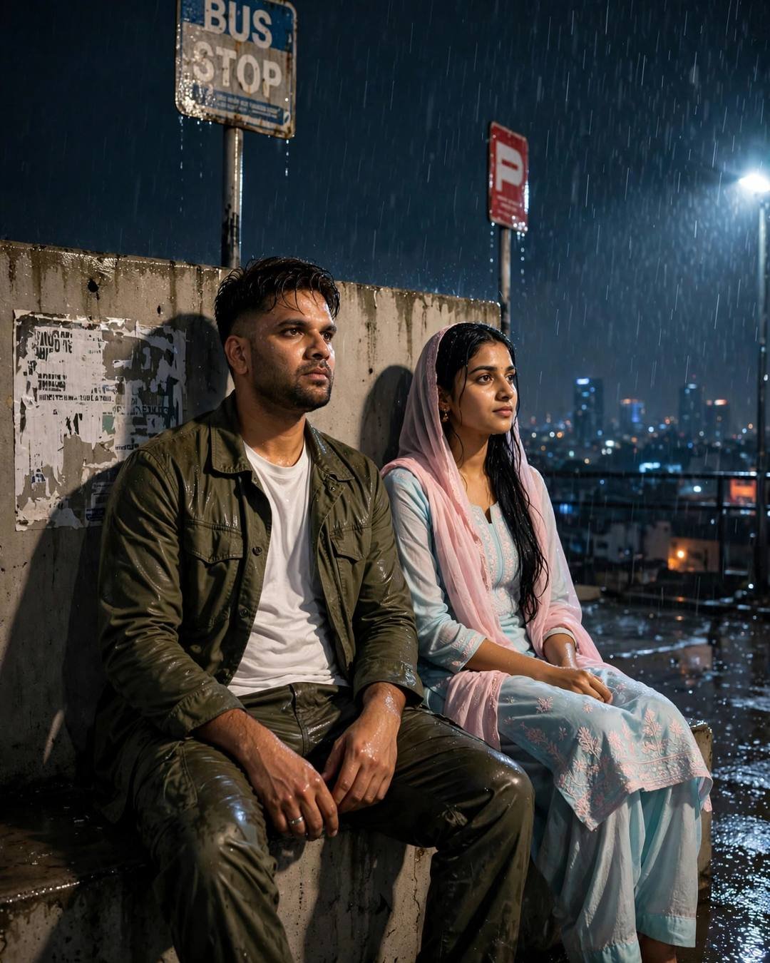 Couple: her feet dangling over the parapet while, Rooftop AI portrait
