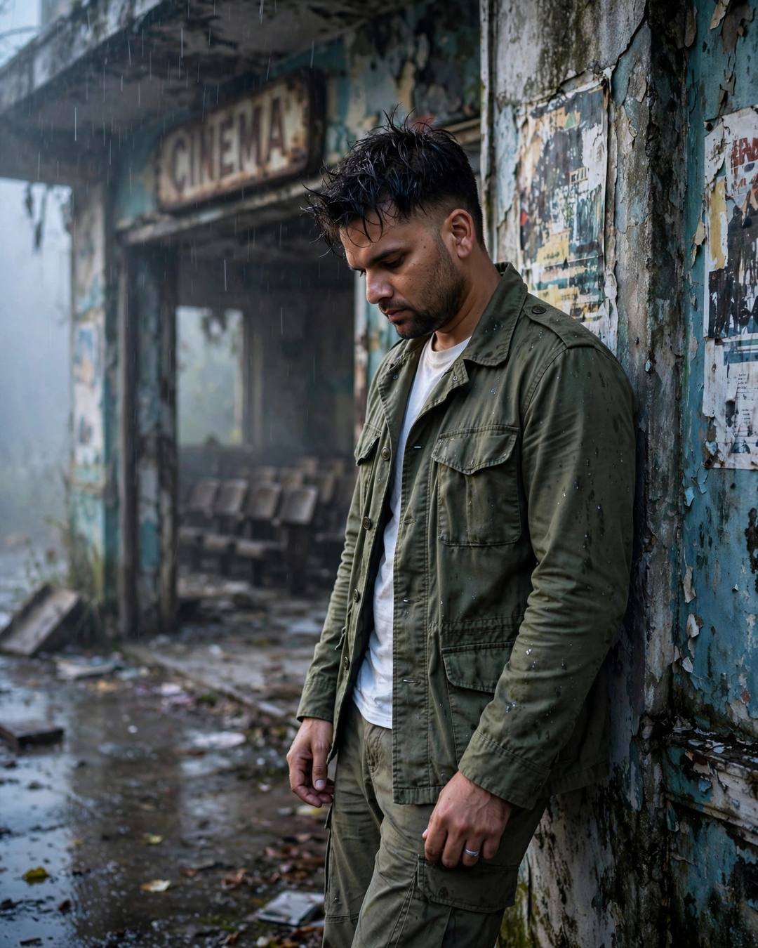 AI portrait of a young Indian man in an olive field jacket leaning against a weathered wall at an abandoned cinema in the rain