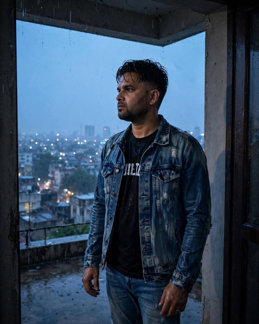 AI portrait of a young Indian man in a denim jacket standing in a rooftop doorway at blue hour in the rain, city lights behind
