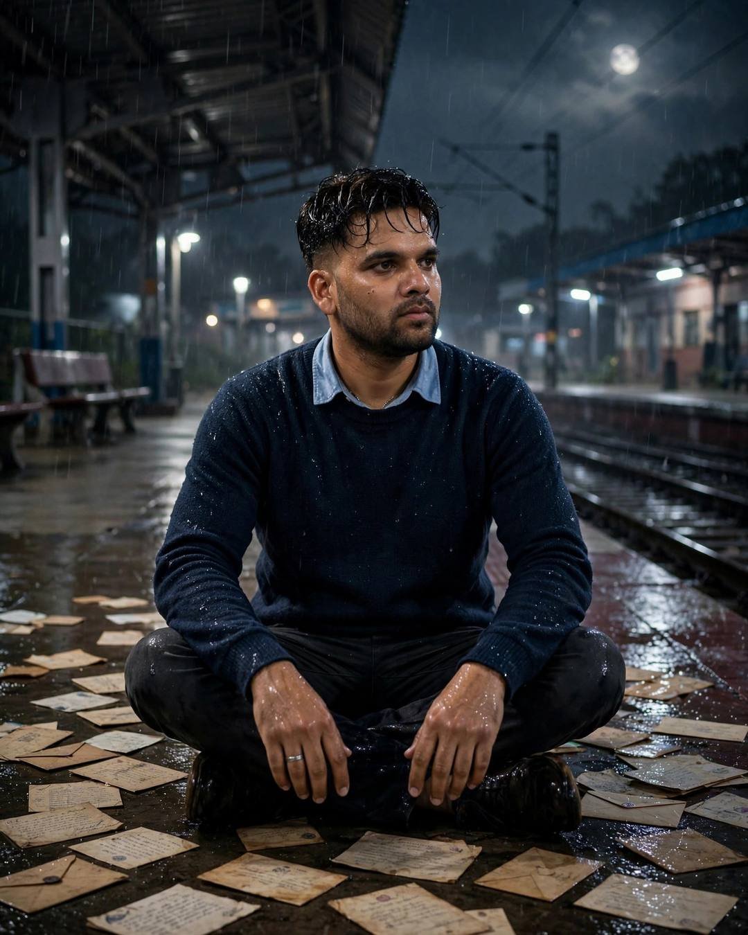 AI portrait of a young Indian man in a navy sweater sitting cross-legged among old letters on a rainy railway platform at night