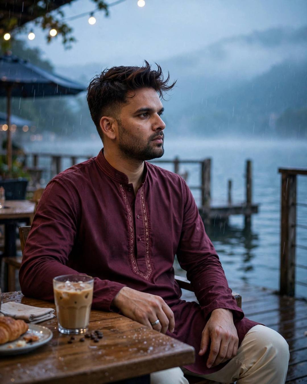 AI portrait of a young Indian man in a maroon kurta sitting at a cafe table with cold coffee at a rainy lake pier at dawn