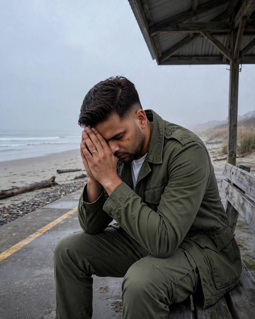 AI portrait of a young Indian man in an olive field jacket sitting with his head in his hands on a bench at a deserted beach