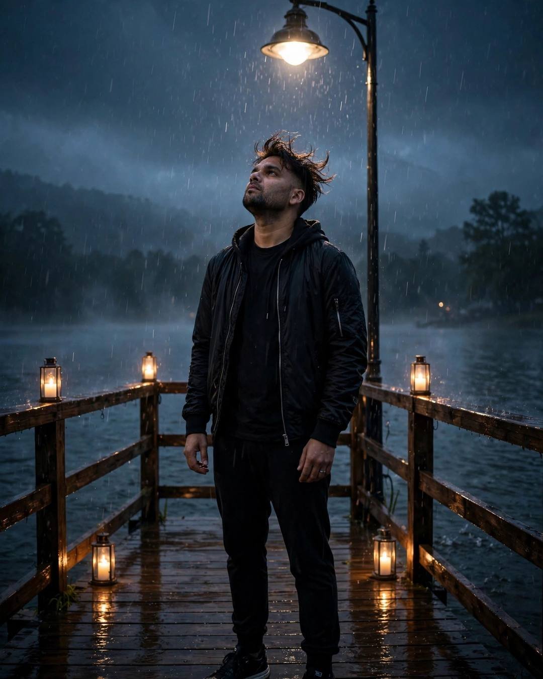 Young Indian man standing under a streetlamp in the rain, face lifted to the sky at the quiet lake pier at dawn, overcast gloom