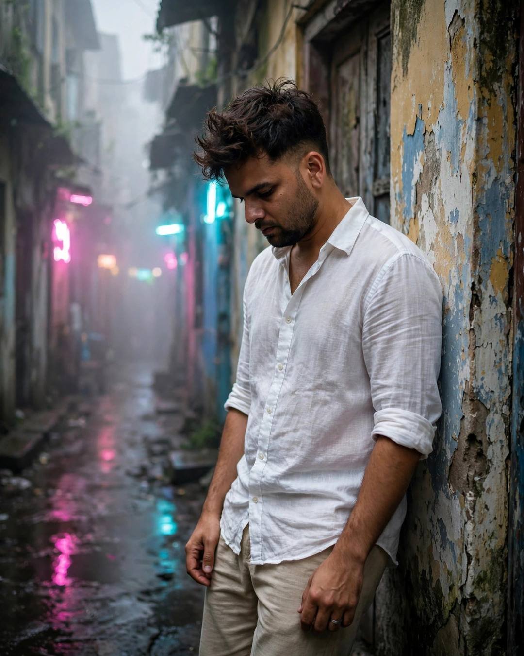 Young Indian man leaning against a weathered wall, head tilted down at the narrow old-city lane with peeling walls, dense fog