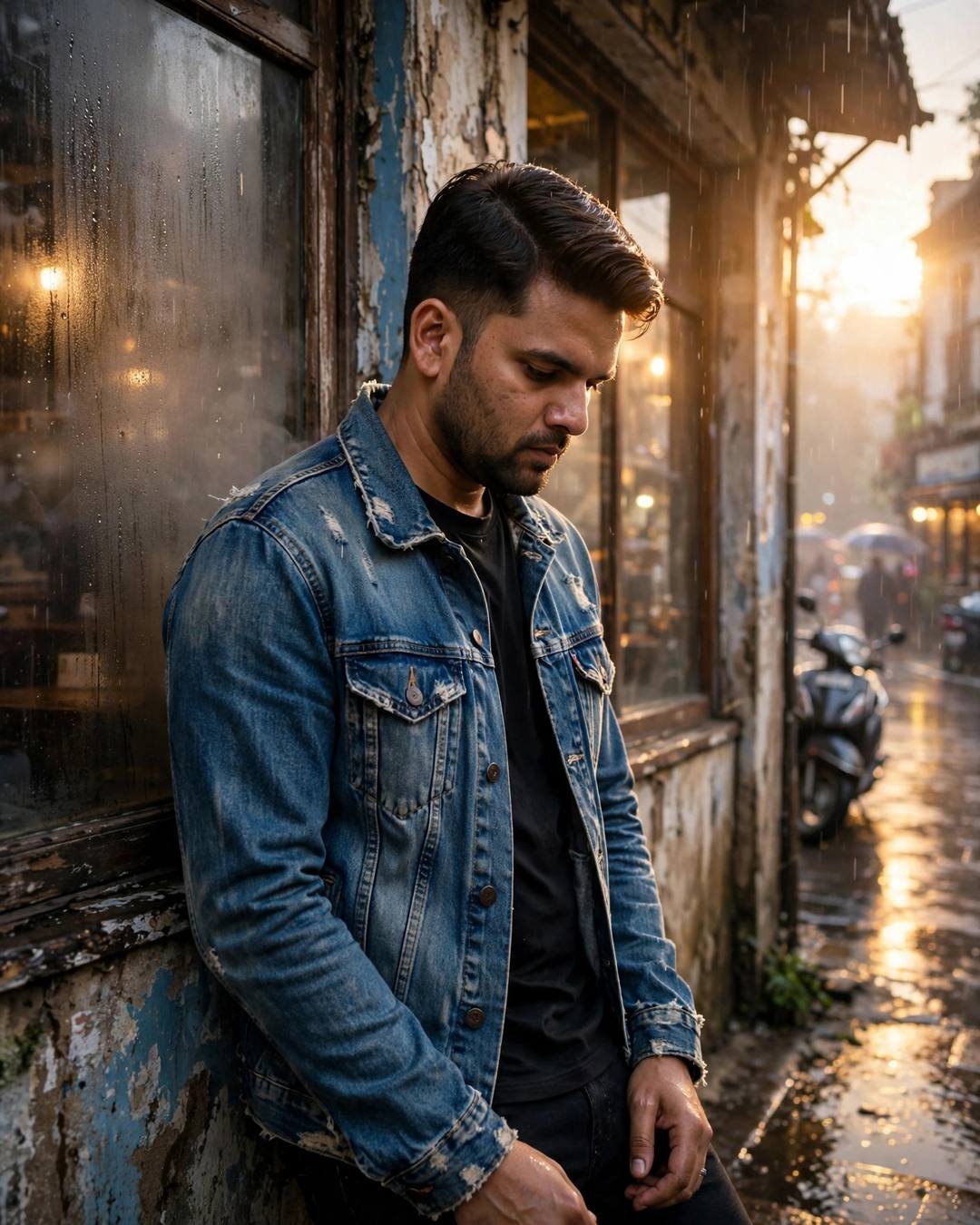 Young Indian man leaning against a weathered wall, head tilted down at the old cafe by a fogged window, post-rain wet streets