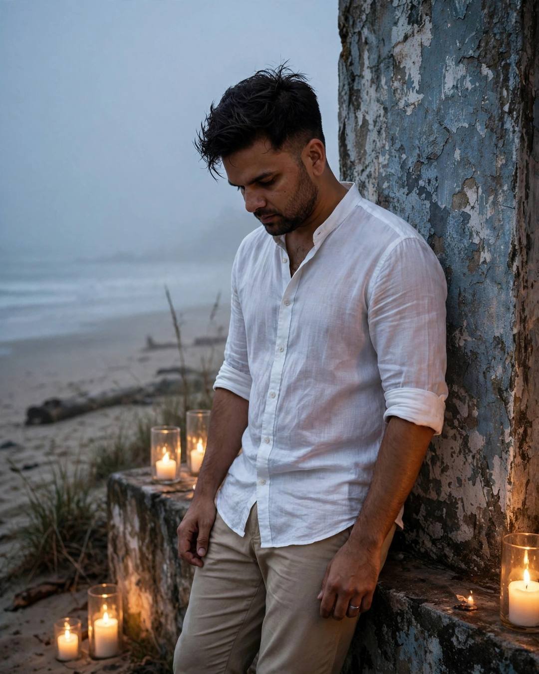 Young Indian man leaning against a weathered wall, head tilted down at the deserted beach at dusk, dense fog