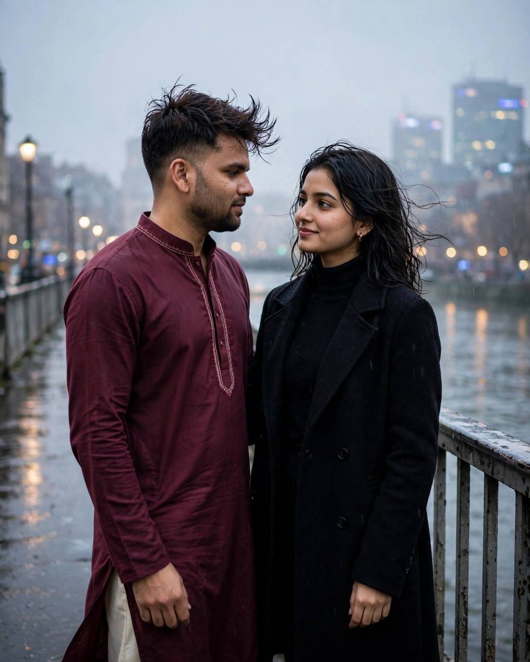 Young Indian couple standing on a bridge, looking at each other while the city blurs at the bridge over a slow river, drizzle