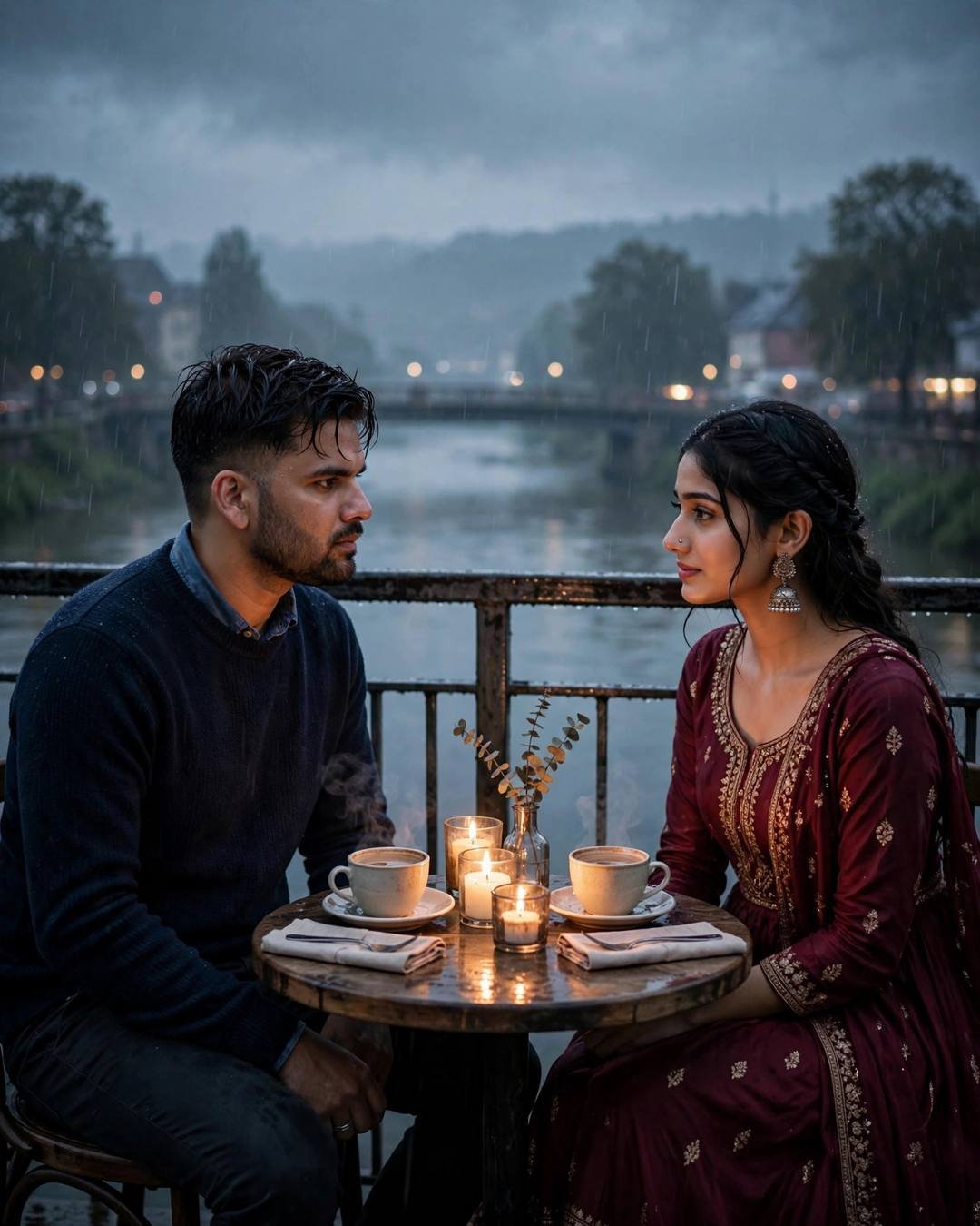Young Indian couple sitting across a small cafe table, hands almost touching over cups at the bridge over a slow river, drizzle