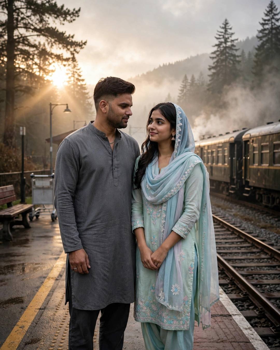 Young Indian couple one last hug at a railway platform as the train waits at the misty forest path, clear cold night