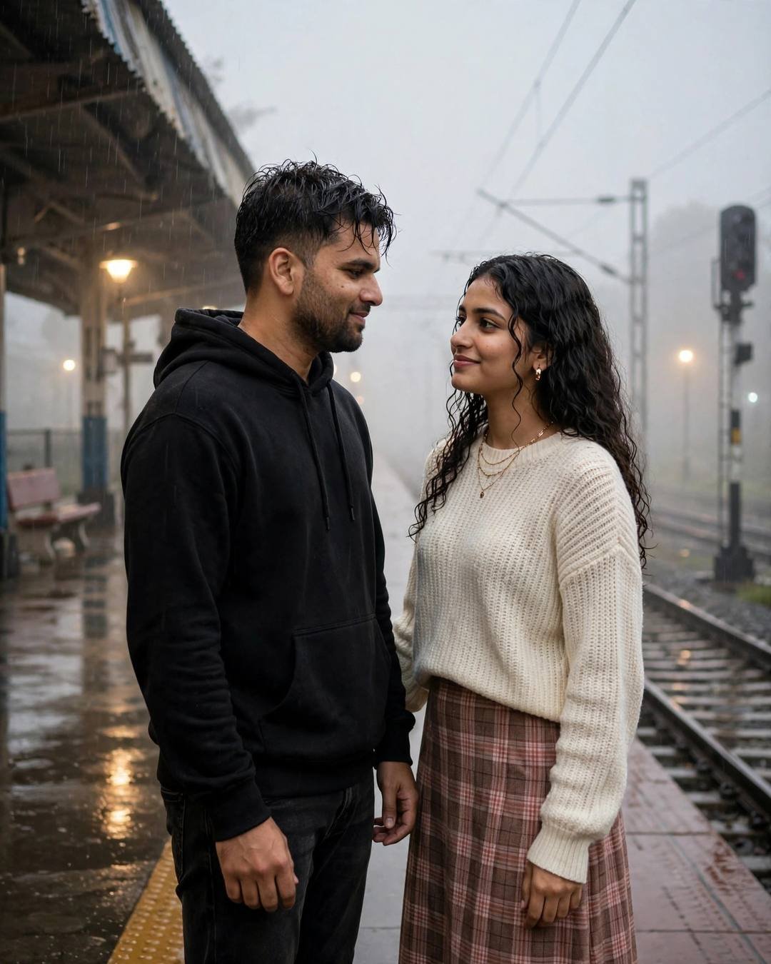 Young Indian couple dancing slowly in an empty street under streetlights at the empty railway platform at night, light rain