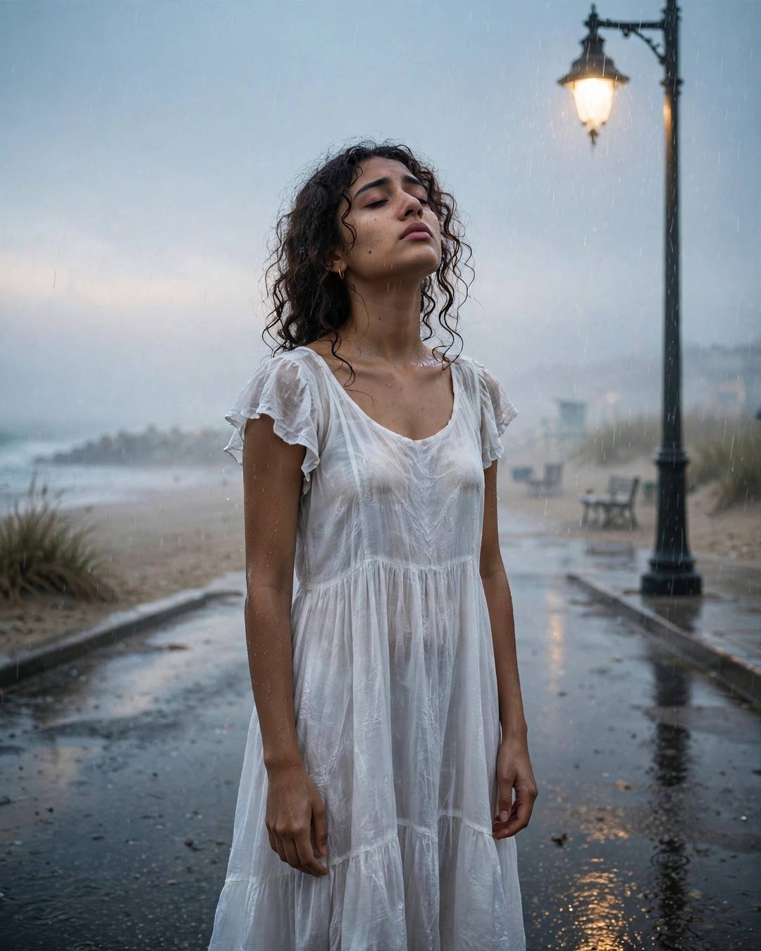 Young Indian woman standing under a streetlamp in the rain, face lifted to the sky at the deserted beach at dusk, post-rain wet streets