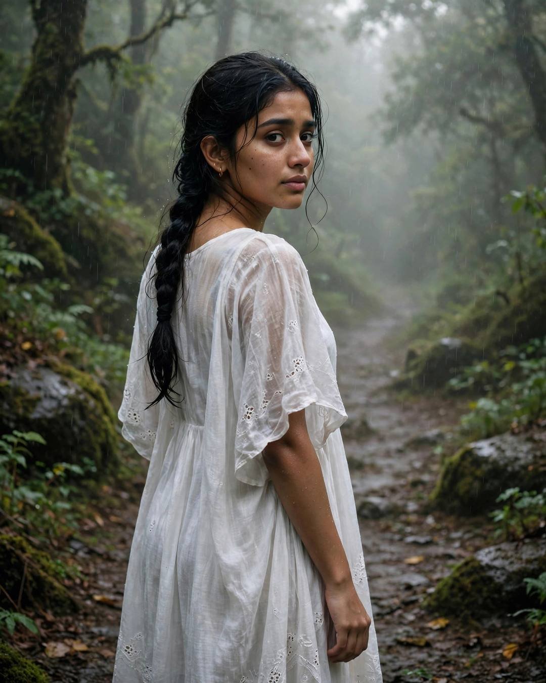 Young Indian woman back to the camera, looking over one shoulder at the misty forest path, light rain
