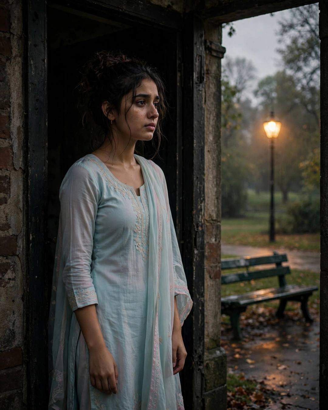 Young Indian woman standing in a doorway, half in shadow at the park bench under a lone lamp, overcast gloom