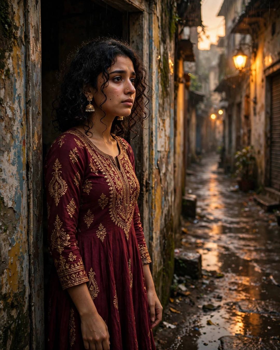 Young Indian woman standing in a doorway, half in shadow at the narrow old-city lane with peeling walls, post-rain wet streets