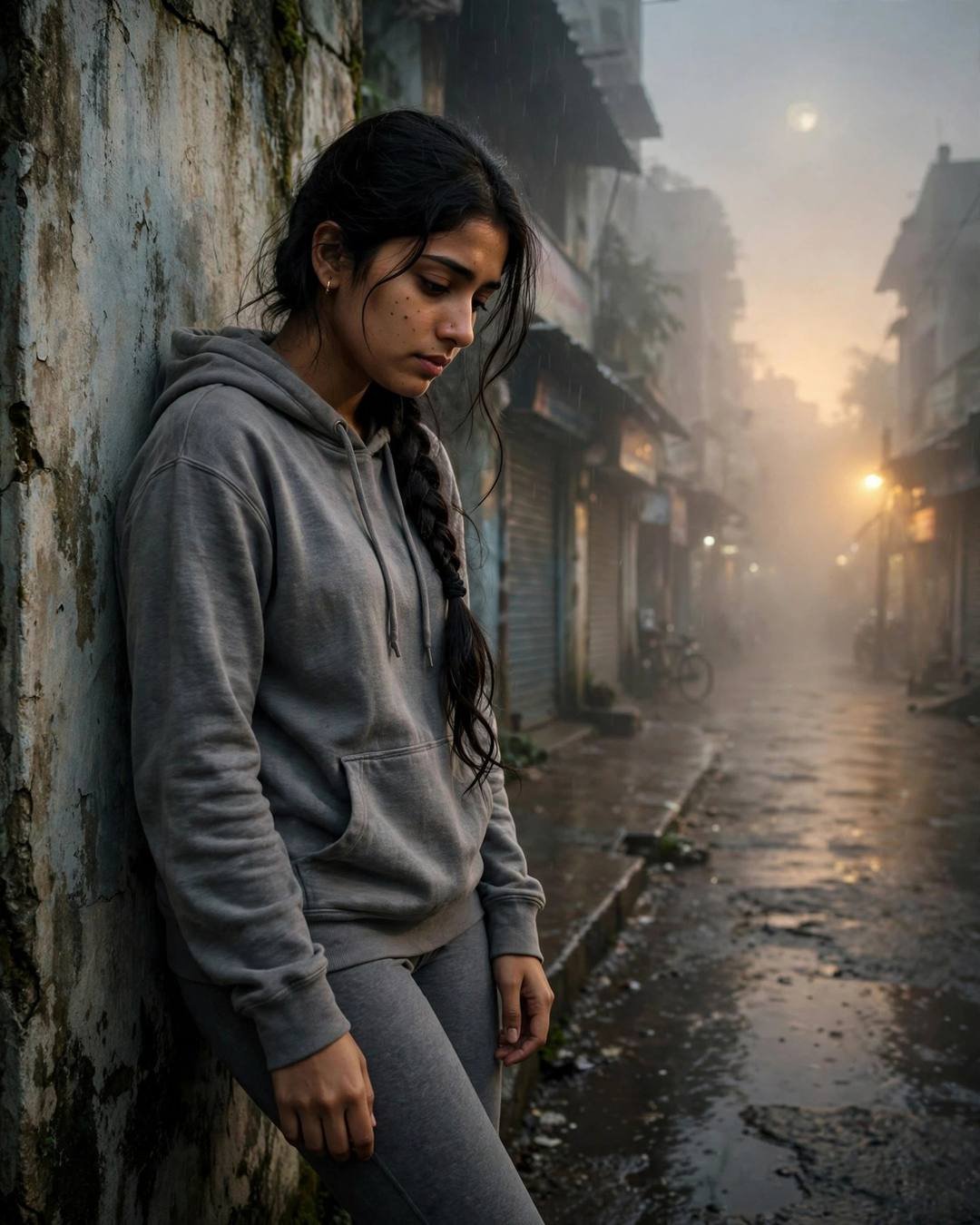 Young Indian woman leaning against a weathered wall, head tilted down at the rain-soaked city street, dense fog