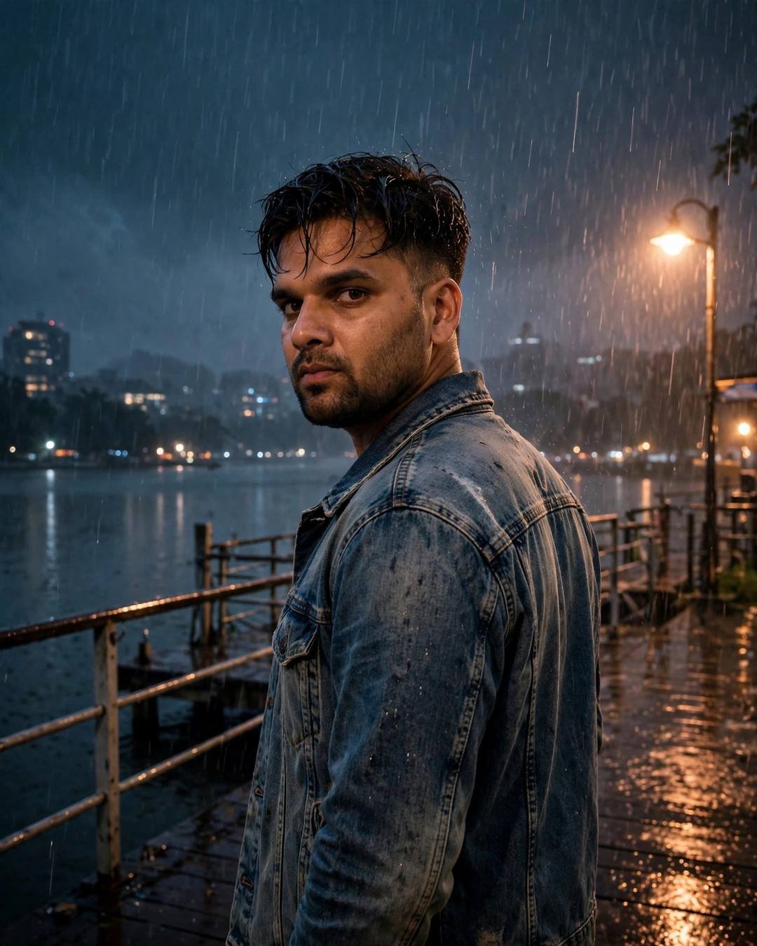 Man: jumping a puddle as headlights flare dramatically, Street Cinematic AI portrait