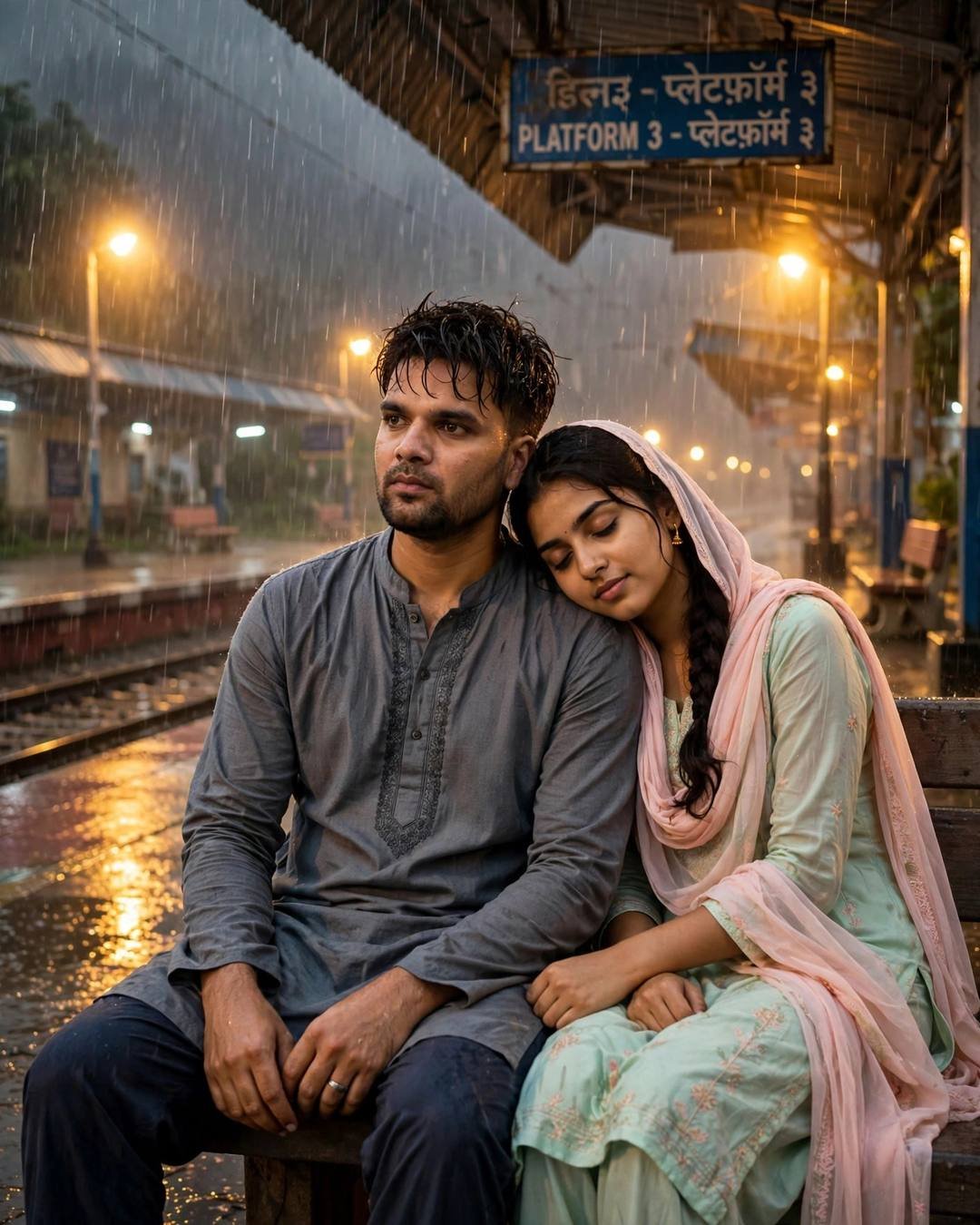 Young Indian couple on a bench at a rain-soaked railway platform at dusk, man in grey kurta, woman in pastel salwar-kameez with dupatta