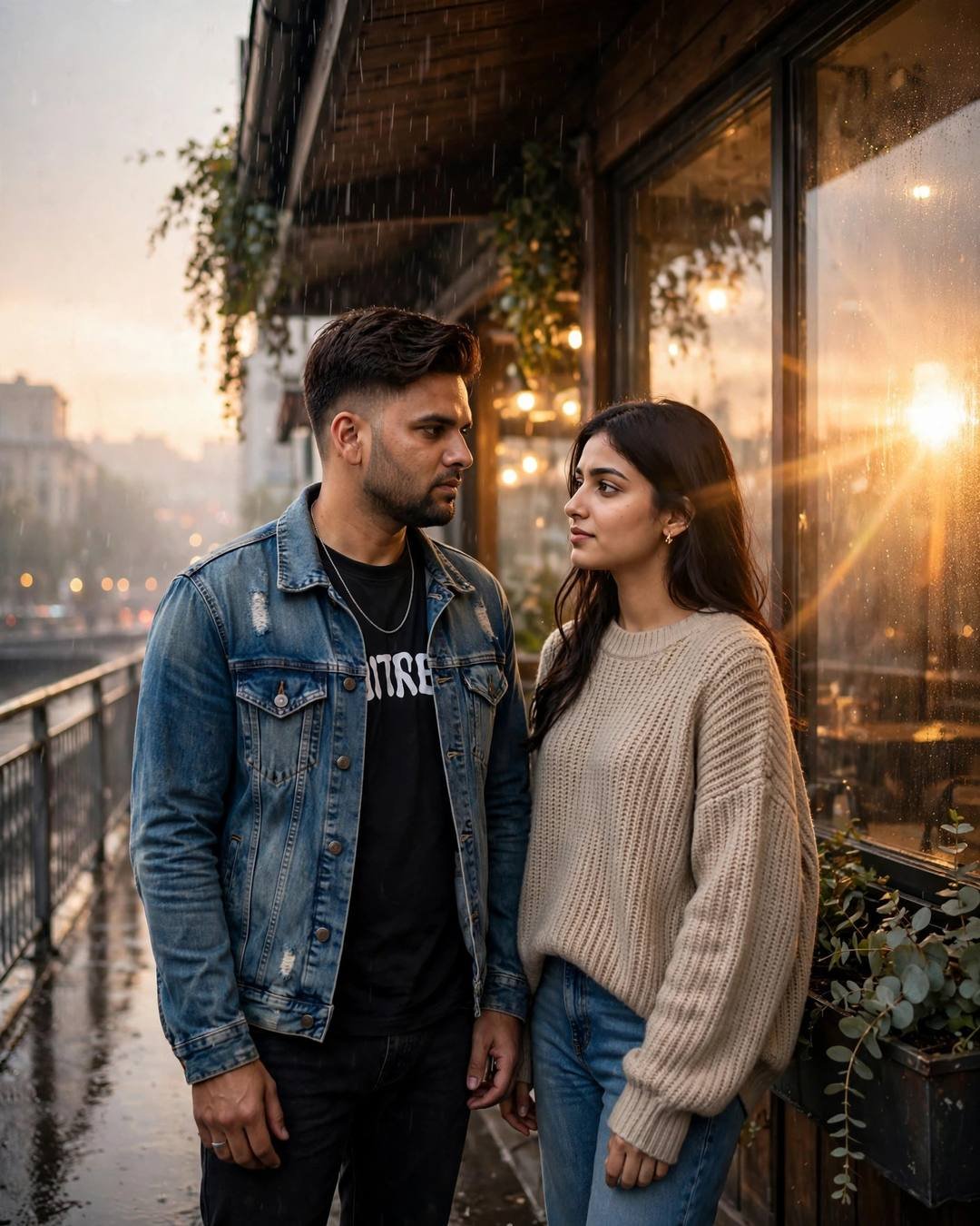 Young Indian couple standing face to face on a rainy bridge at golden hour, man in denim jacket, woman in beige sweater, old cafe behind