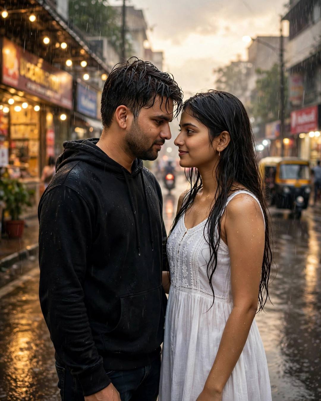 Young Indian couple standing face to face on a rainy city street, man in black hoodie, woman in white summer dress, foreheads almost touching