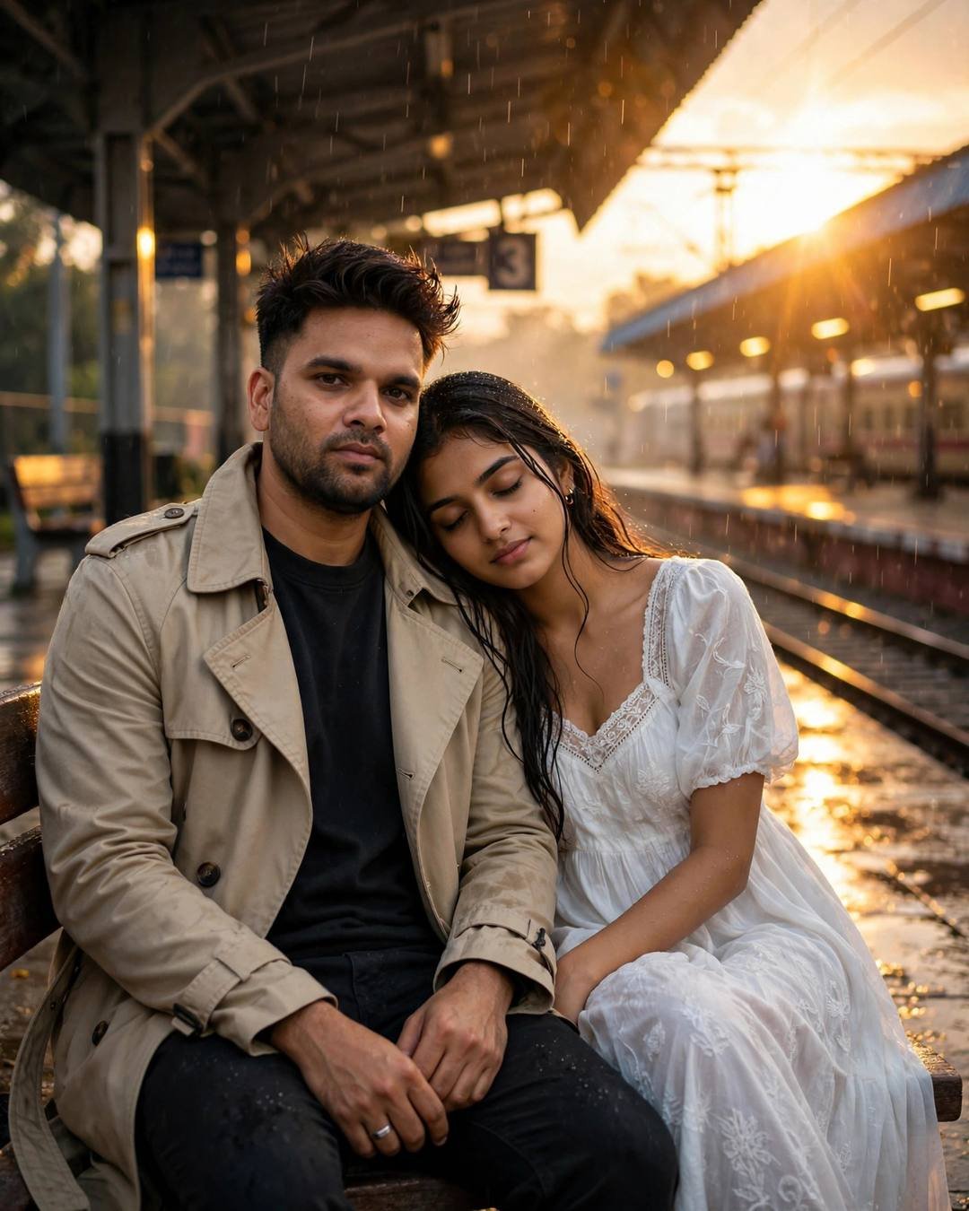 Young Indian couple on a bench at an empty railway platform in golden hour rain, man in beige trench coat, woman in white summer dress