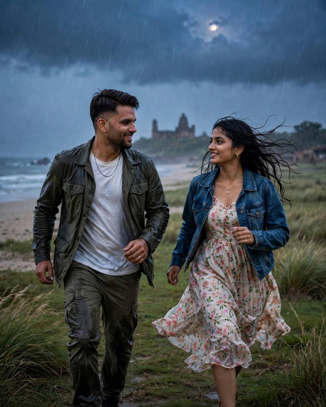 Couple: her ghunghat lifted by the breeze while, Traditional Couple AI portrait