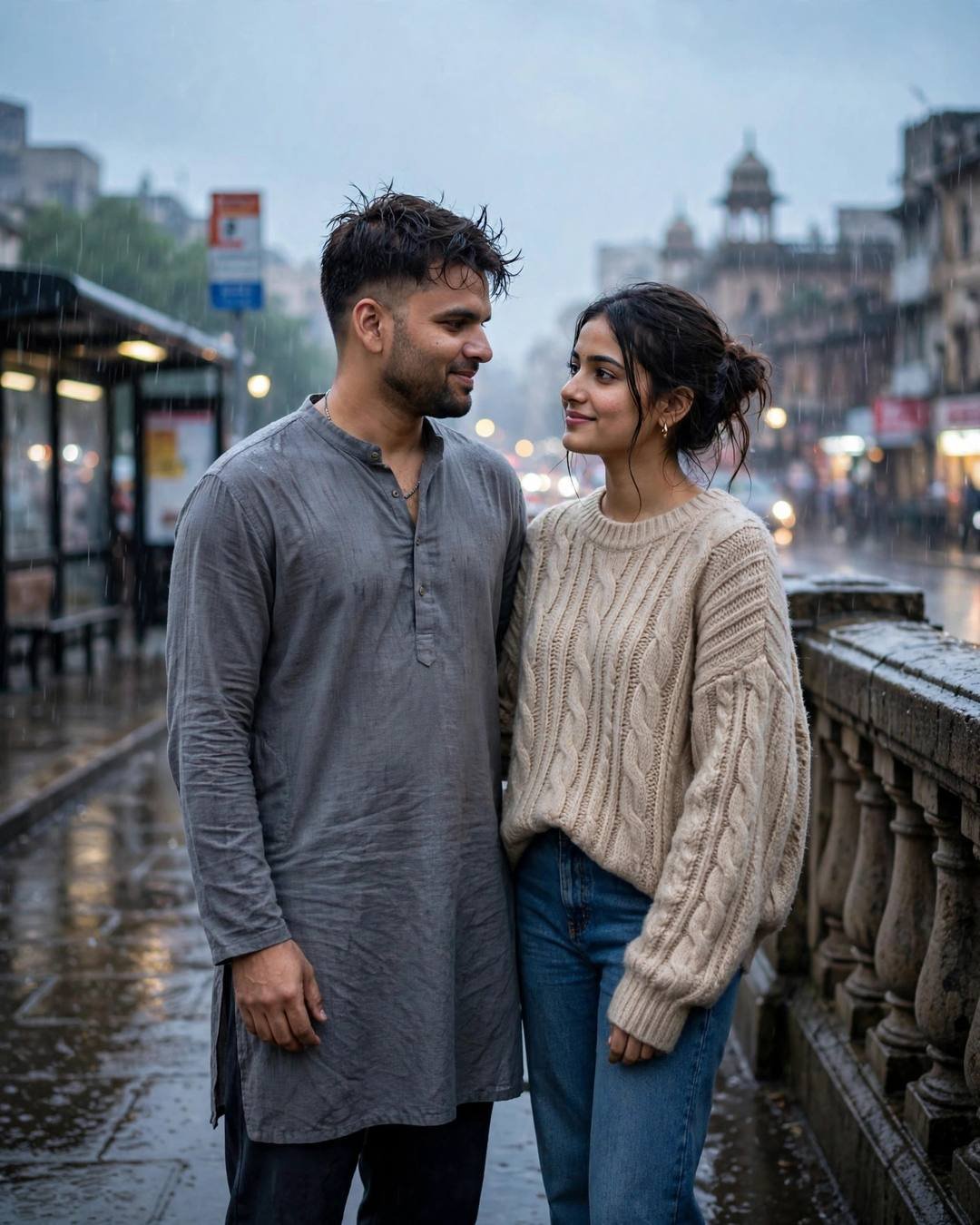 Couple: sharing sweet creamy lassi from a single, Traditional Couple AI portrait