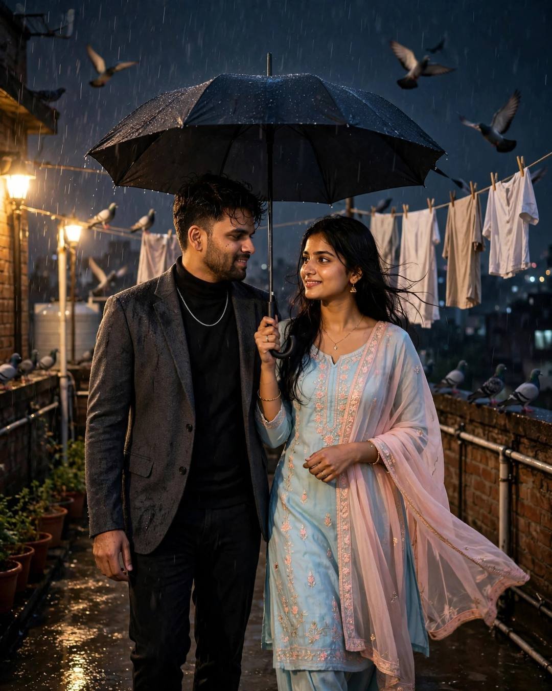 Couple walking under one umbrella on a rain-wet terrace at midnight, shoulders touching, clothes lines and pigeons above