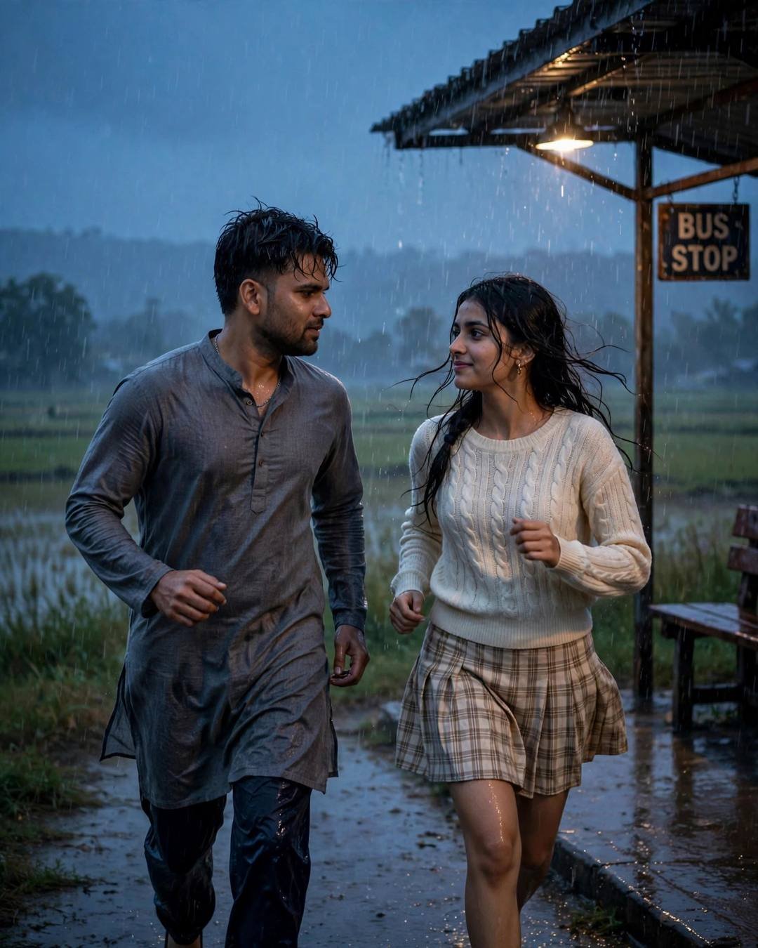 Couple running toward each other through heavy rain at a glowing bus stop at blue hour