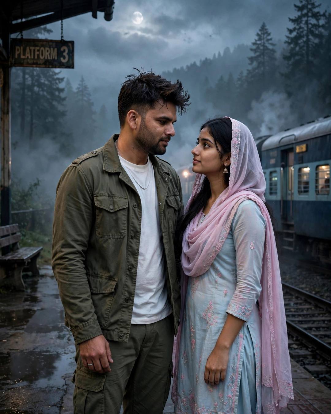 Couple standing close on a foggy railway platform at night, train waiting, mist and moonlight