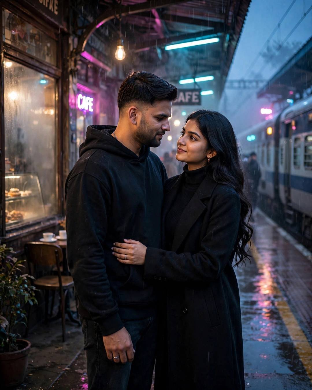 Couple embracing by a fogged café window at blue hour, neon pink and cyan reflections, train waiting