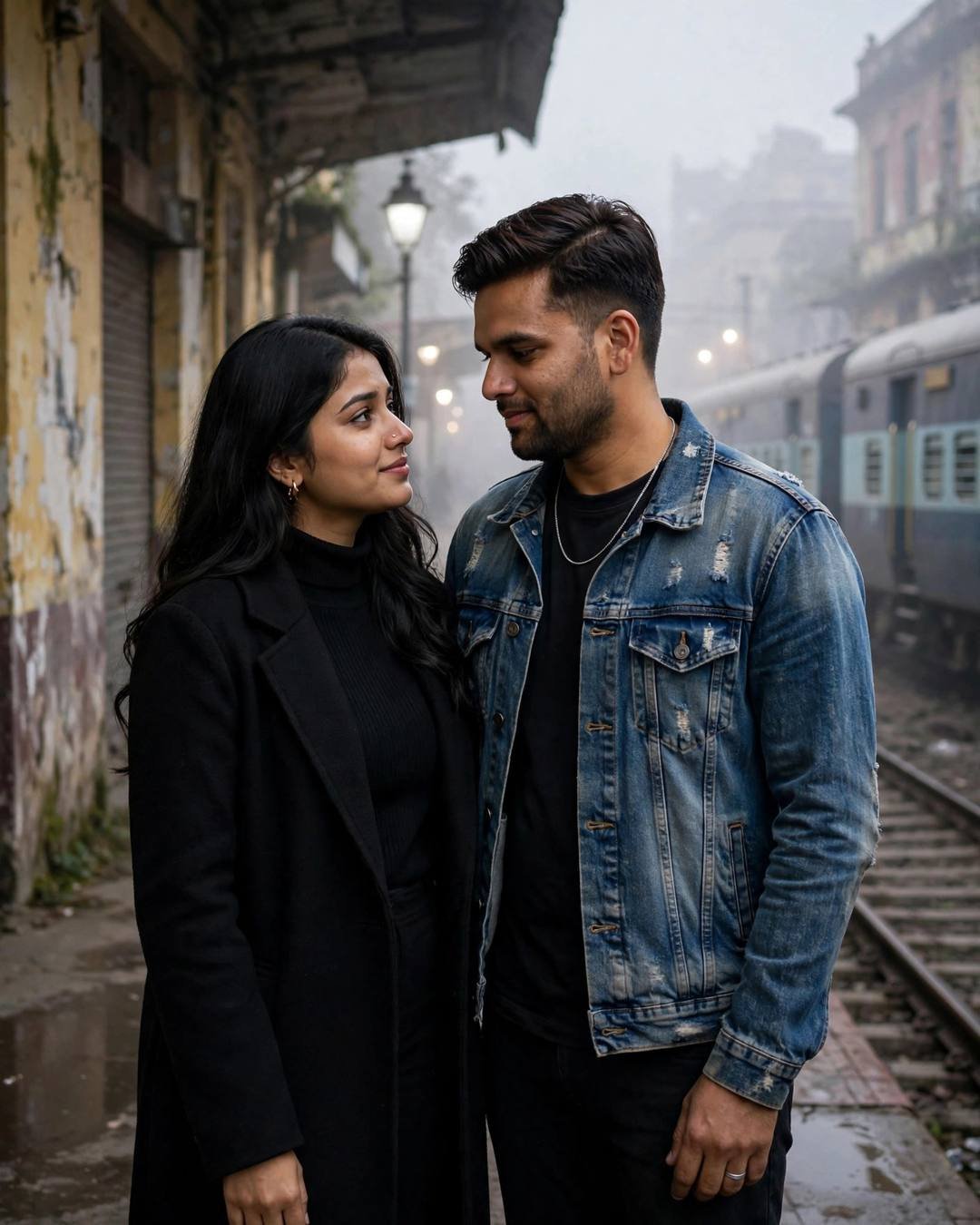 Couple standing close in a foggy old-city lane beside a waiting train, faces near