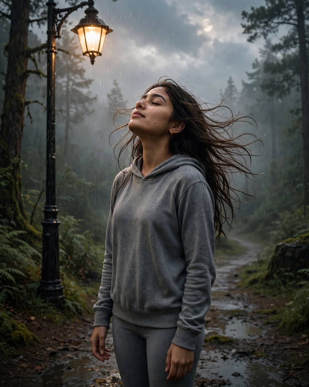 Young Indian woman in a grey hoodie standing under a streetlamp in the rain on a misty forest path, face lifted to the sky