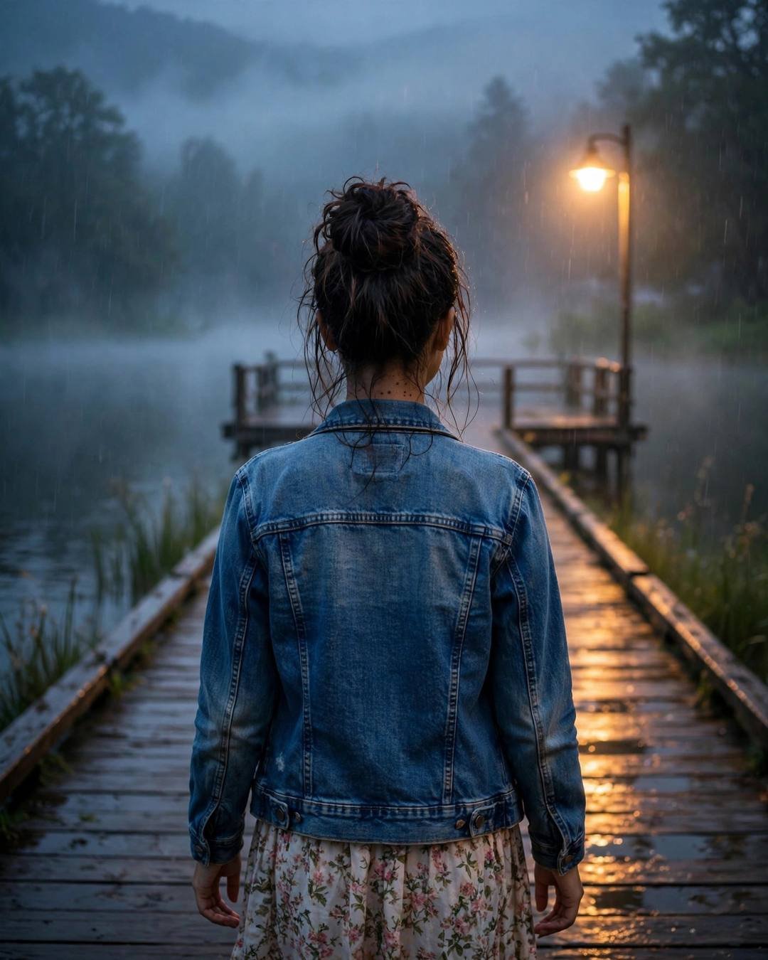 Young Indian woman in a denim jacket walking away down a rain-wet lake pier at dawn, sodium lamp glowing